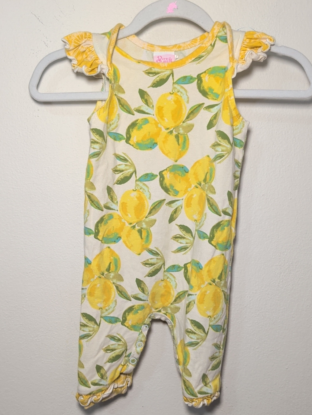 Ricrac & Ruffles Lemon Print Romper Ivory Yellow Green Cotton Baby Girl 6-9M